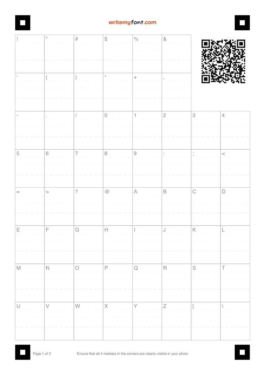 Page 1 of 2 of the Manual font template: a grid of labelled boxes, one per character, with a square marker in each corner and a QR code in the top right.